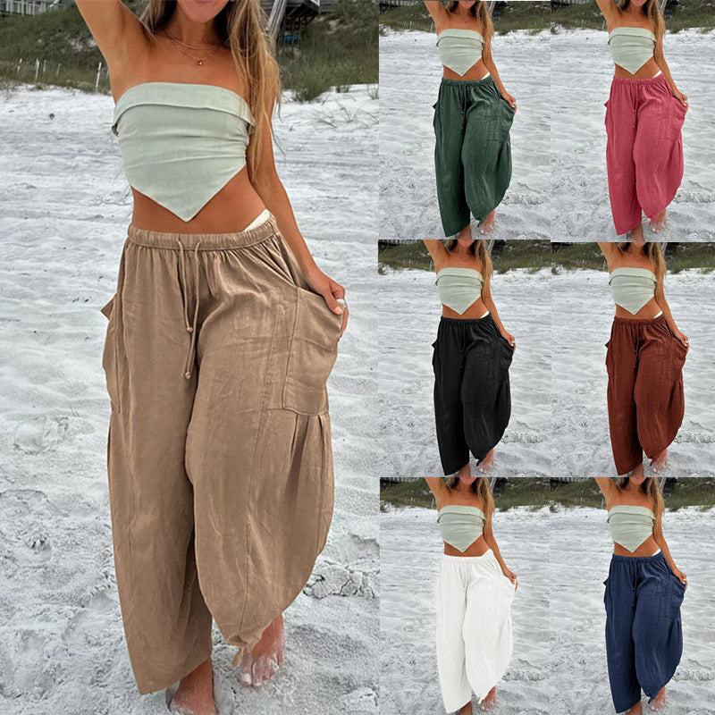 Elastic Pleated High Waist Cotton Linen Wide Leg Pants