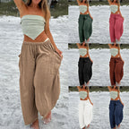 Elastic Pleated High Waist Cotton Linen Wide Leg Pants