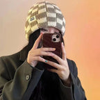 Chessboard Plaid Knitted Hat Women's Autumn And Winter Korean Style