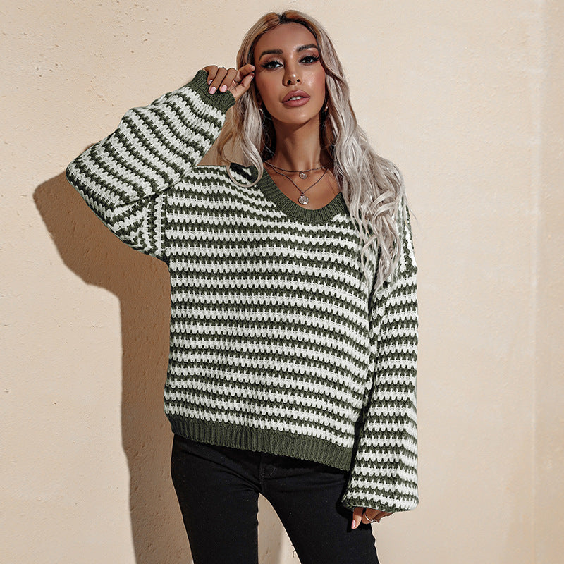 Women's Fall Winter Fashion V-Neck Loose Slim Knit Sweater Pullover