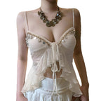 Low Collar Chest-flattering Lace-up Irregular Mesh Sexy See-through Vest