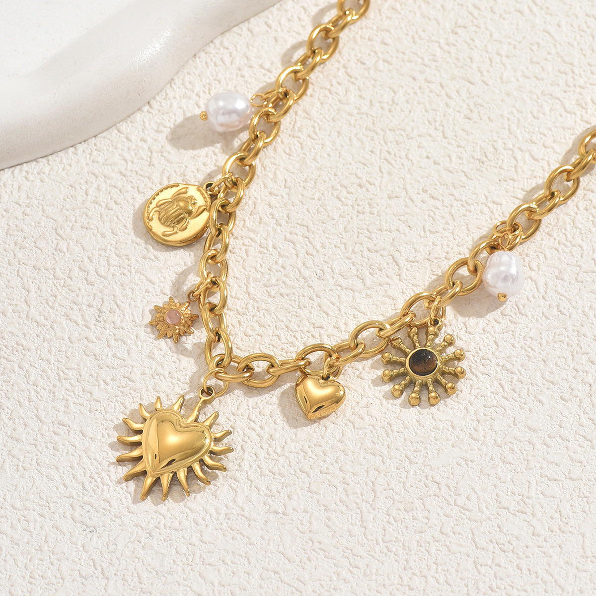 Niche Love Inlaid Pearl Gem Same Design Pendant Chain