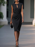 Women's Retro Elegant Cross Pure Color And Knotted Round Neck Hollow Dress