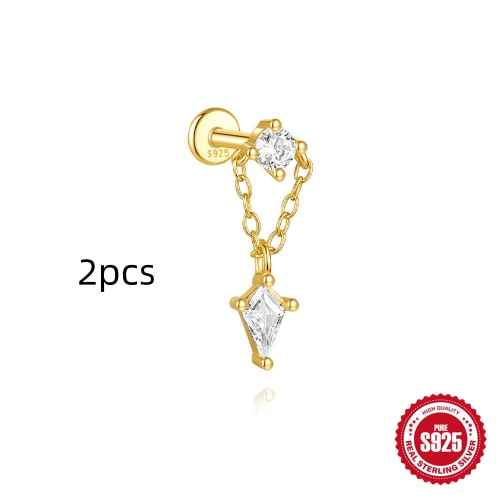 S925 Sterling Silver Geometric Kite Rhinestone-encrusted Chain Tassel Flat Head