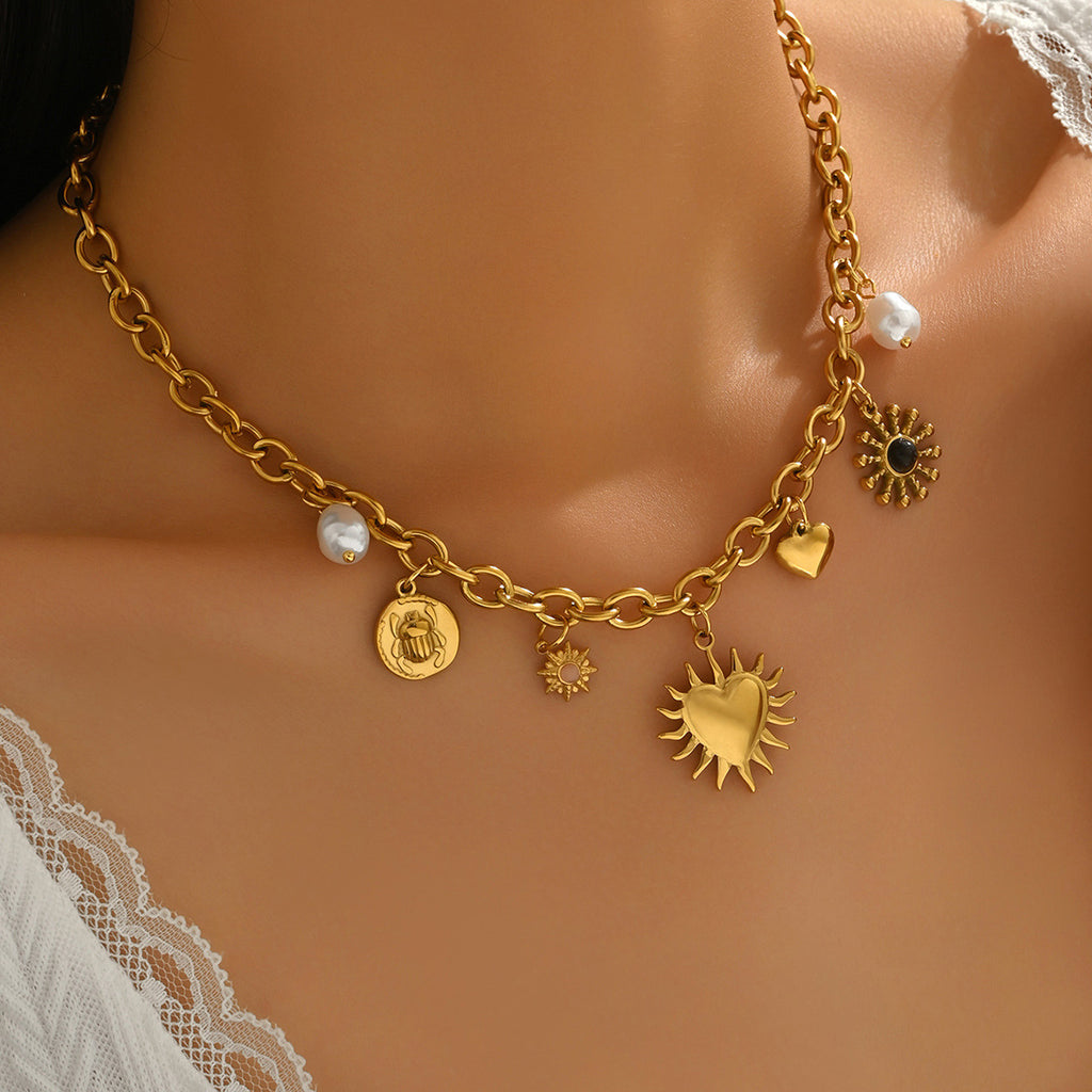 Niche Love Inlaid Pearl Gem Same Design Pendant Chain