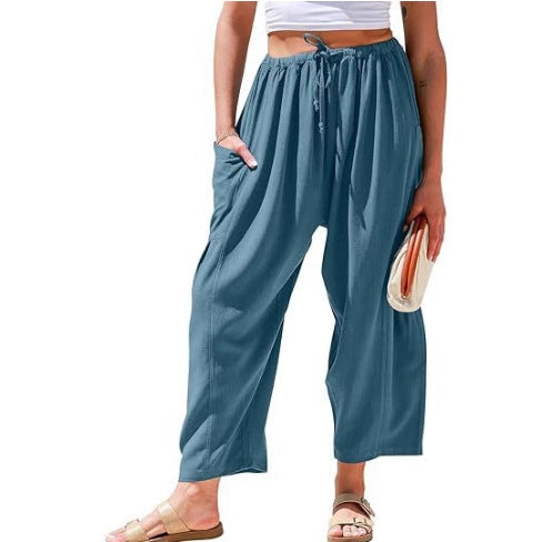 Elastic Pleated High Waist Cotton Linen Wide Leg Pants