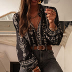 Women's Elegant Printed Blouse - Flowy Boho Shirt With Lantern Sleeves & Lace Trim, Vintage Ethnic Style Loose Top For Spring&Fall