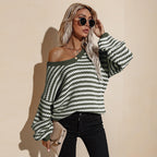 Women's Fall Winter Fashion V-Neck Loose Slim Knit Sweater Pullover