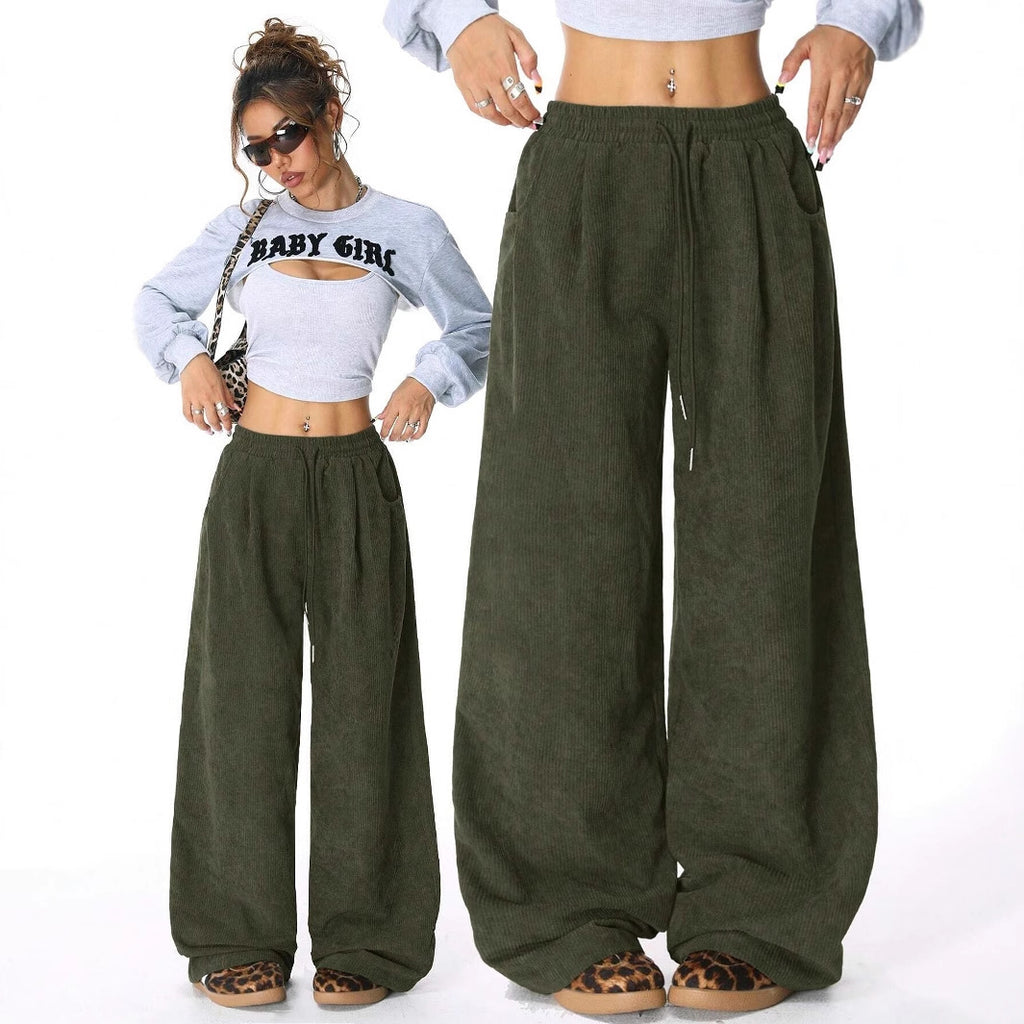 European And American Idle Style High Waist Casual Draping Effect Drawstring Wide Leg Pants