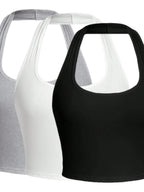 Solid Color Cropped Halter Neck Slim Fit Tank Top For Women 3PC Set