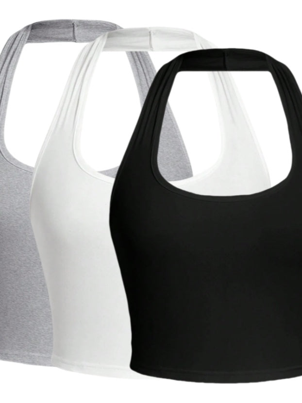 Solid Color Cropped Halter Neck Slim Fit Tank Top For Women 3PC Set