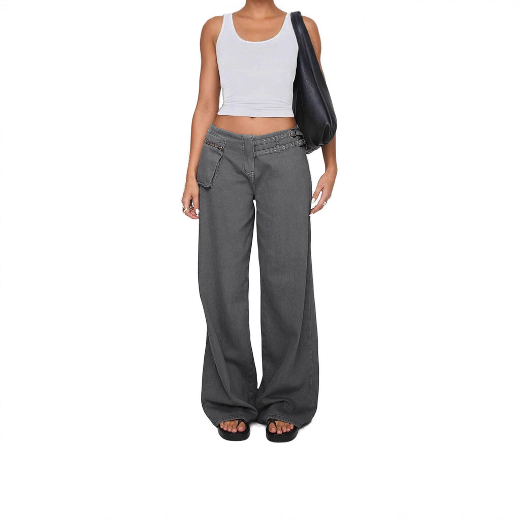 European And American Dark Wide-leg Jeans Personalized Belt Buckle Asymmetric Pocket Drag Sister Out Of The Street