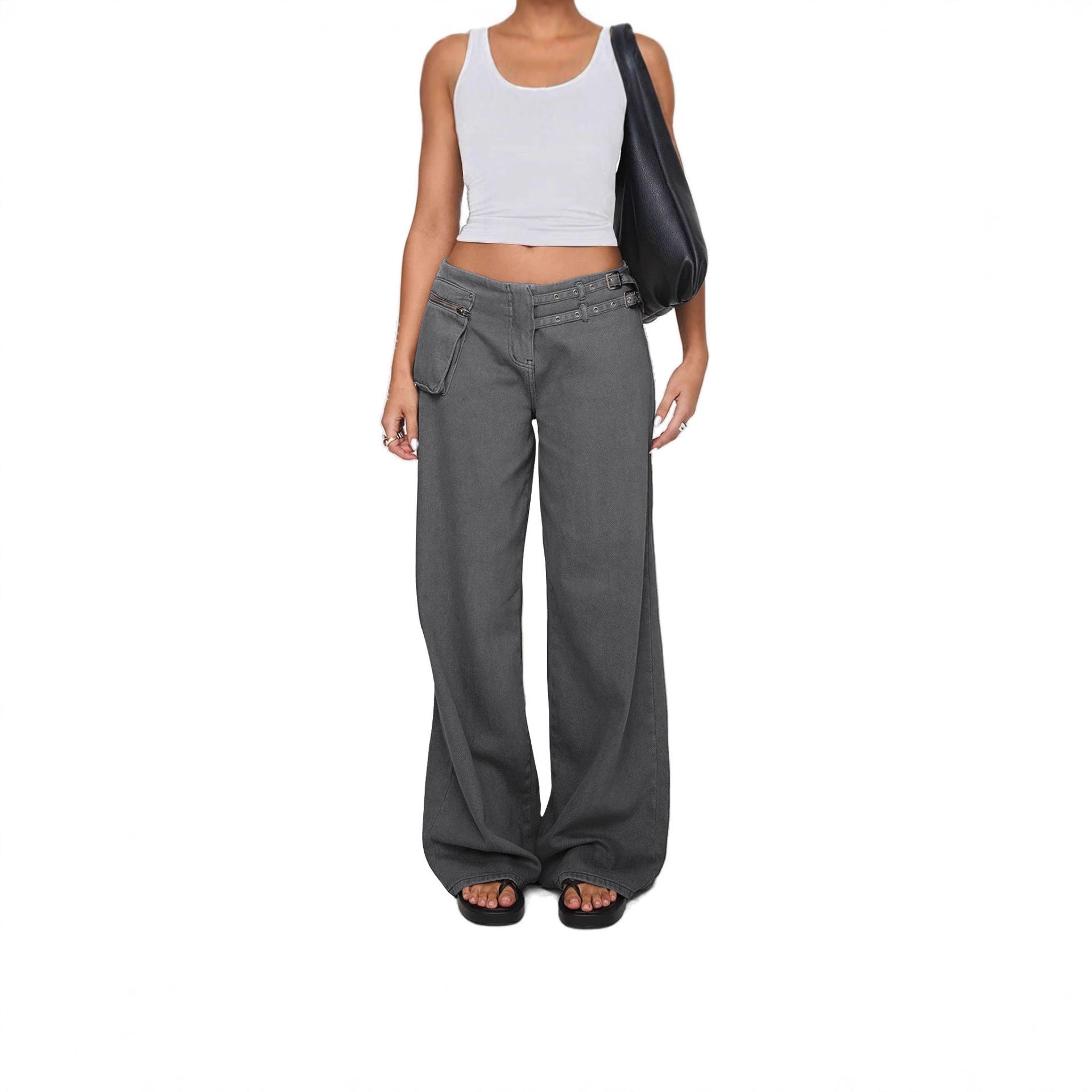 European And American Dark Wide-leg Jeans Personalized Belt Buckle Asymmetric Pocket Drag Sister Out Of The Street