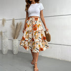 Women's Floral Tiered Midi Skirt Elastic Waist Dressy Casual A-line Flowy Boho Skirts