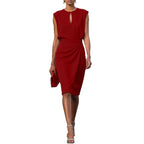 Women's Retro Elegant Cross Pure Color And Knotted Round Neck Hollow Dress