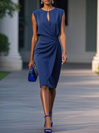 Women's Retro Elegant Cross Pure Color And Knotted Round Neck Hollow Dress