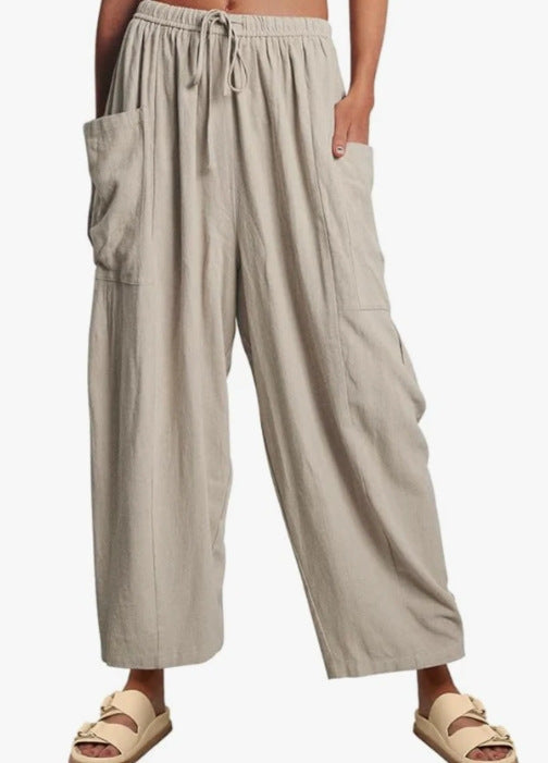 Elastic Pleated High Waist Cotton Linen Wide Leg Pants