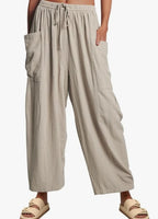 Elastic Pleated High Waist Cotton Linen Wide Leg Pants