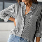 Women's Elegant Striped Long Sleeve Shirt - Pointed Lapel Collar With Chest Pocket, Button-Up Casual Blouse For Spring&Fall