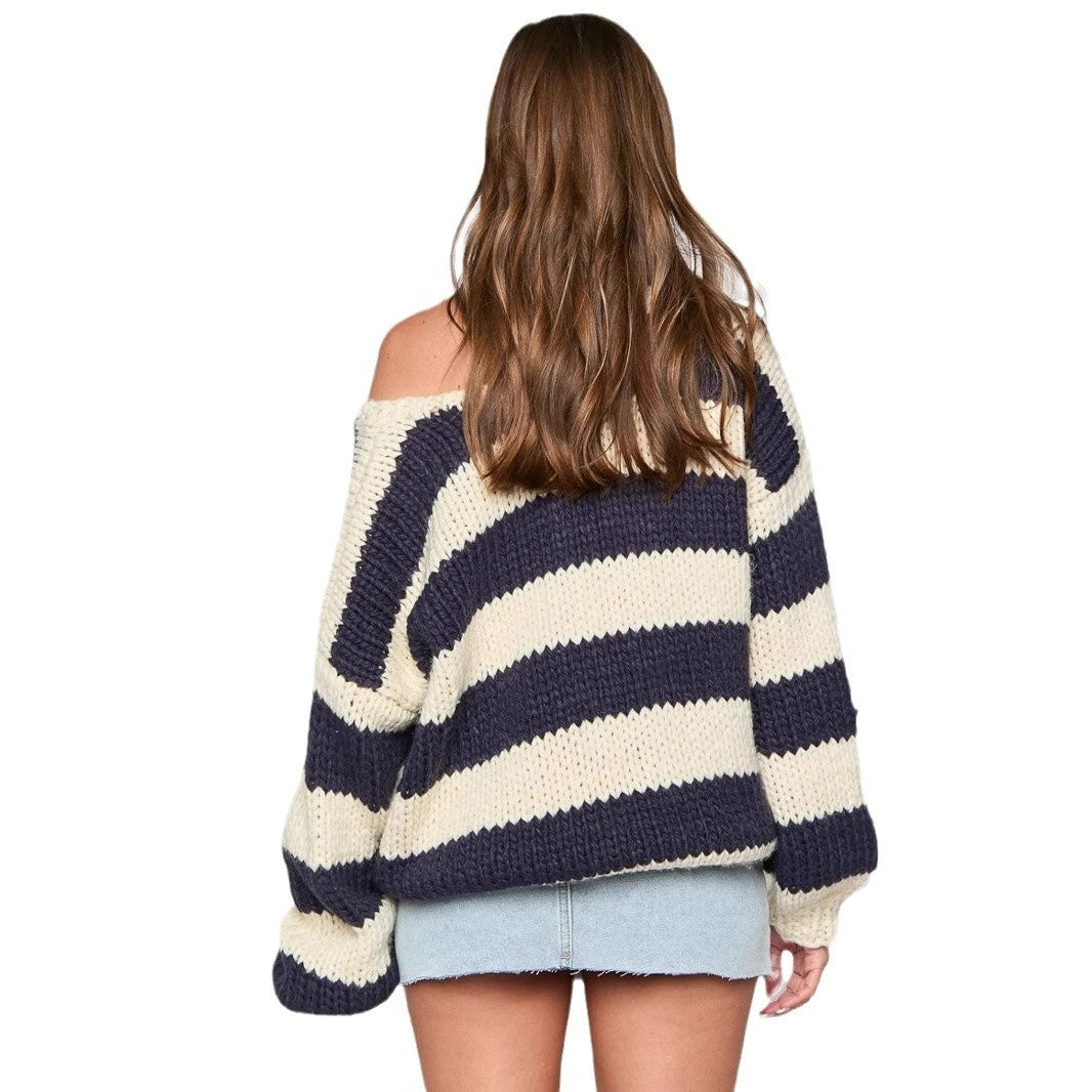 Fall Winter Fashion Casual Loose Knitted Sweater Oblique Shoulder