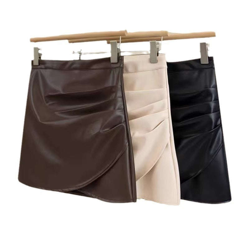 Black Small Leather Skirt Women's Springautumnwinter High Waist Ruffle Hip Short Skirt