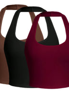Solid Color Cropped Halter Neck Slim Fit Tank Top For Women 3PC Set