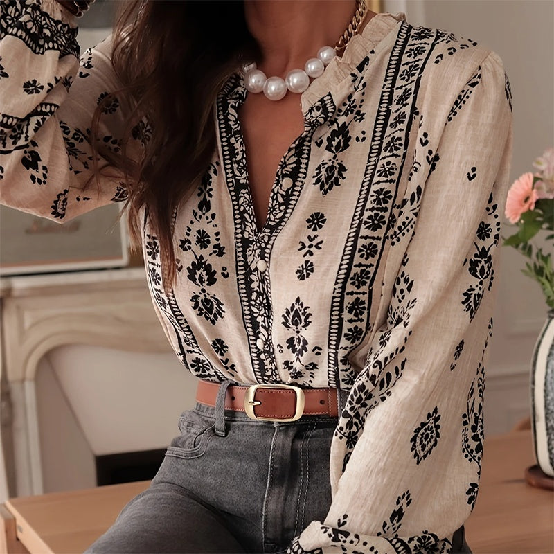 Women's Elegant Printed Blouse - Flowy Boho Shirt With Lantern Sleeves & Lace Trim, Vintage Ethnic Style Loose Top For Spring&Fall