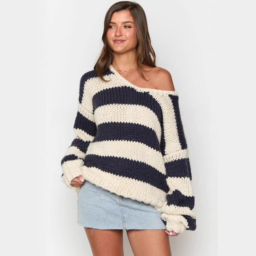 Fall Winter Fashion Casual Loose Knitted Sweater Oblique Shoulder