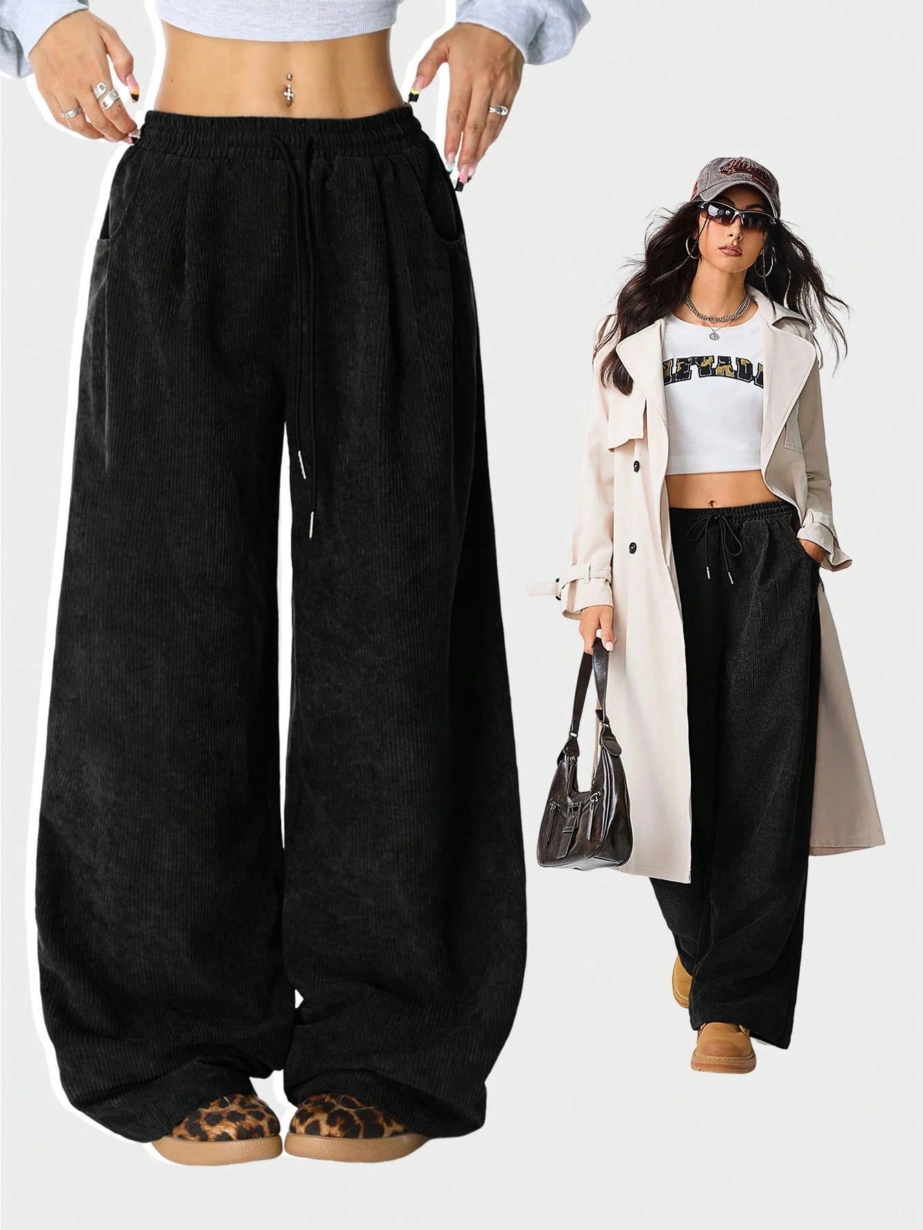 European And American Idle Style High Waist Casual Draping Effect Drawstring Wide Leg Pants