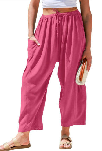 Elastic Pleated High Waist Cotton Linen Wide Leg Pants
