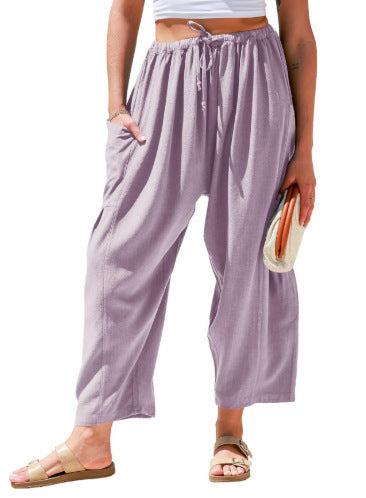 Elastic Pleated High Waist Cotton Linen Wide Leg Pants
