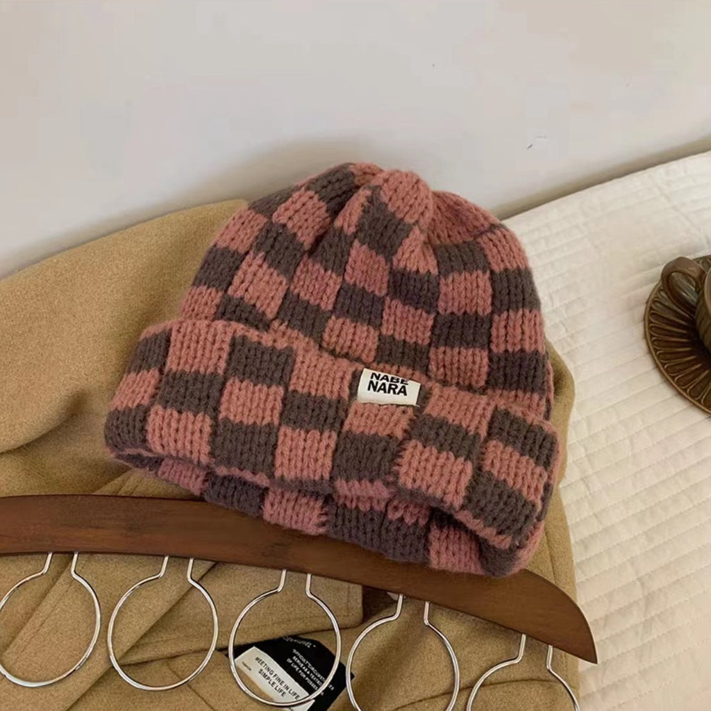 Chessboard Plaid Knitted Hat Women's Autumn And Winter Korean Style