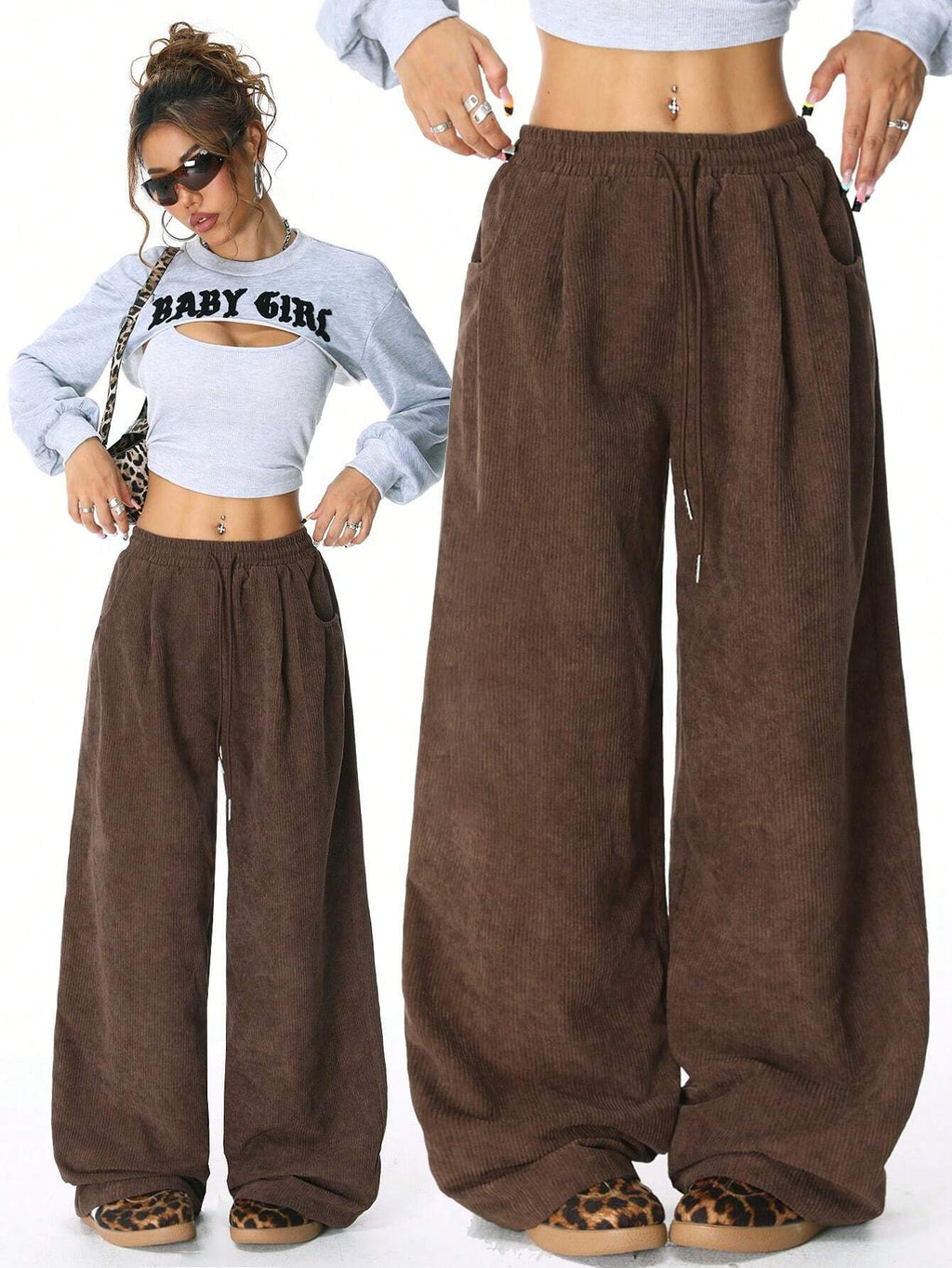 European And American Idle Style High Waist Casual Draping Effect Drawstring Wide Leg Pants