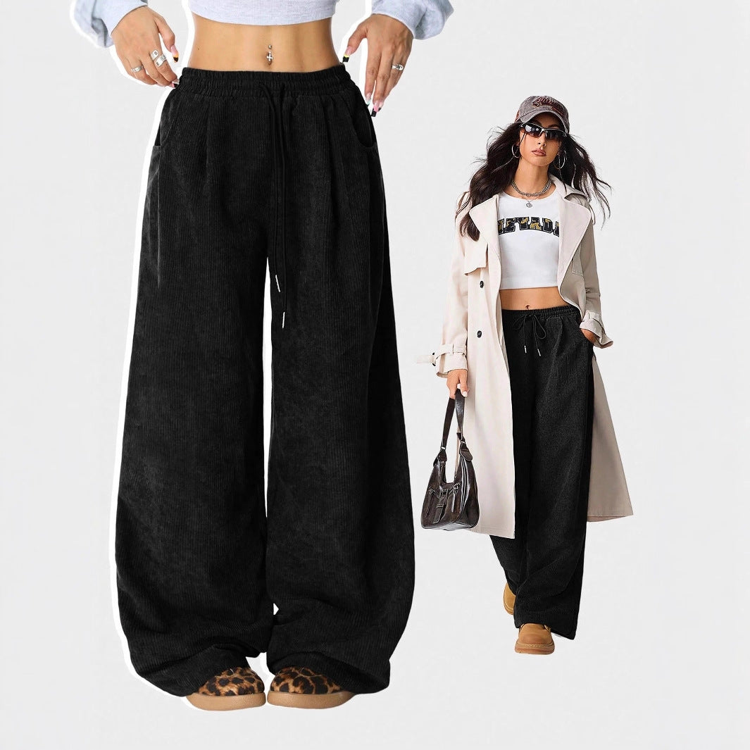 European And American Idle Style High Waist Casual Draping Effect Drawstring Wide Leg Pants