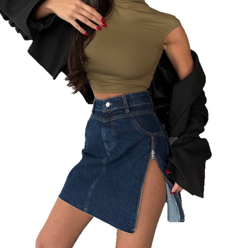 Design Zipper Split Denim Skirt Women