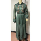 Fashion Fall Maxi Dress For Women Bohemian Retro Floral Print Sheer Sleeve Long Flowy Shirt Dress, Belt Not Included