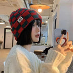Chessboard Plaid Knitted Hat Women's Autumn And Winter Korean Style