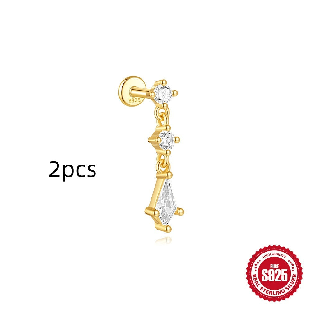 S925 Sterling Silver Geometric Kite Rhinestone-encrusted Chain Tassel Flat Head