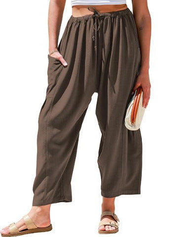 Elastic Pleated High Waist Cotton Linen Wide Leg Pants