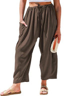 Elastic Pleated High Waist Cotton Linen Wide Leg Pants