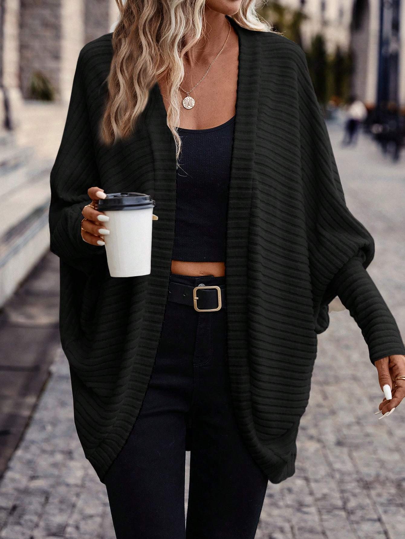 Women Solid Color Batwing Sleeve Open Front Casual Jacket