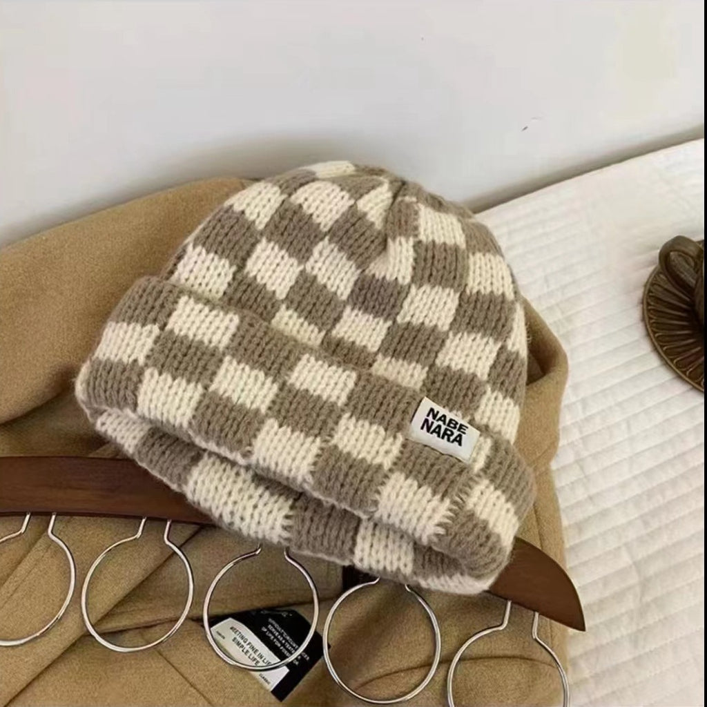 Chessboard Plaid Knitted Hat Women's Autumn And Winter Korean Style