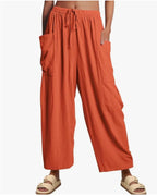 Elastic Pleated High Waist Cotton Linen Wide Leg Pants