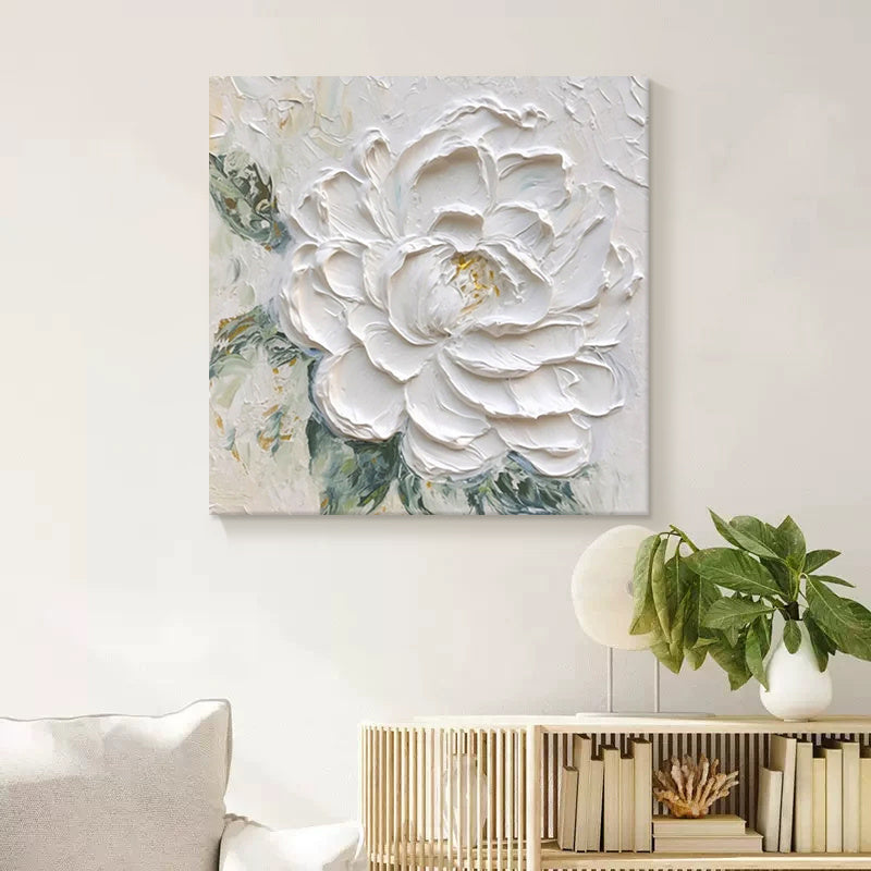 Cream Wind White Peony Flower Thick Texture Hand Drawn Oil Painting Hanging Painting