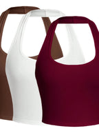 Solid Color Cropped Halter Neck Slim Fit Tank Top For Women 3PC Set