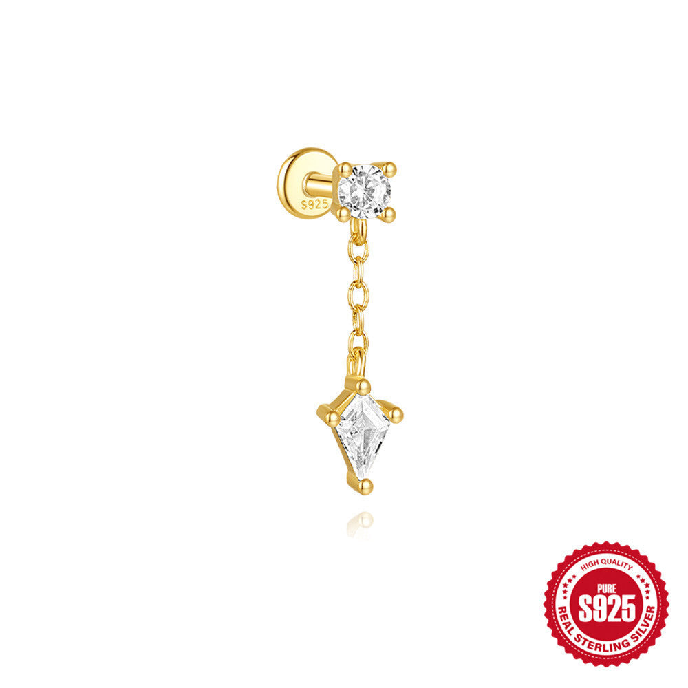 S925 Sterling Silver Geometric Kite Rhinestone-encrusted Chain Tassel Flat Head