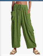 Elastic Pleated High Waist Cotton Linen Wide Leg Pants