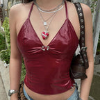 V-neck Metal Buckle Pleated Chest Slimming Leather Sling Top