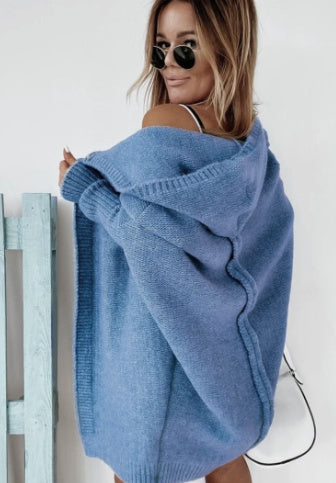 Ins Knitted Hooded Cardigan Fashion Loose Solid Color Batwing Sleeve Sweater Autumn And Winter Women's Clothing