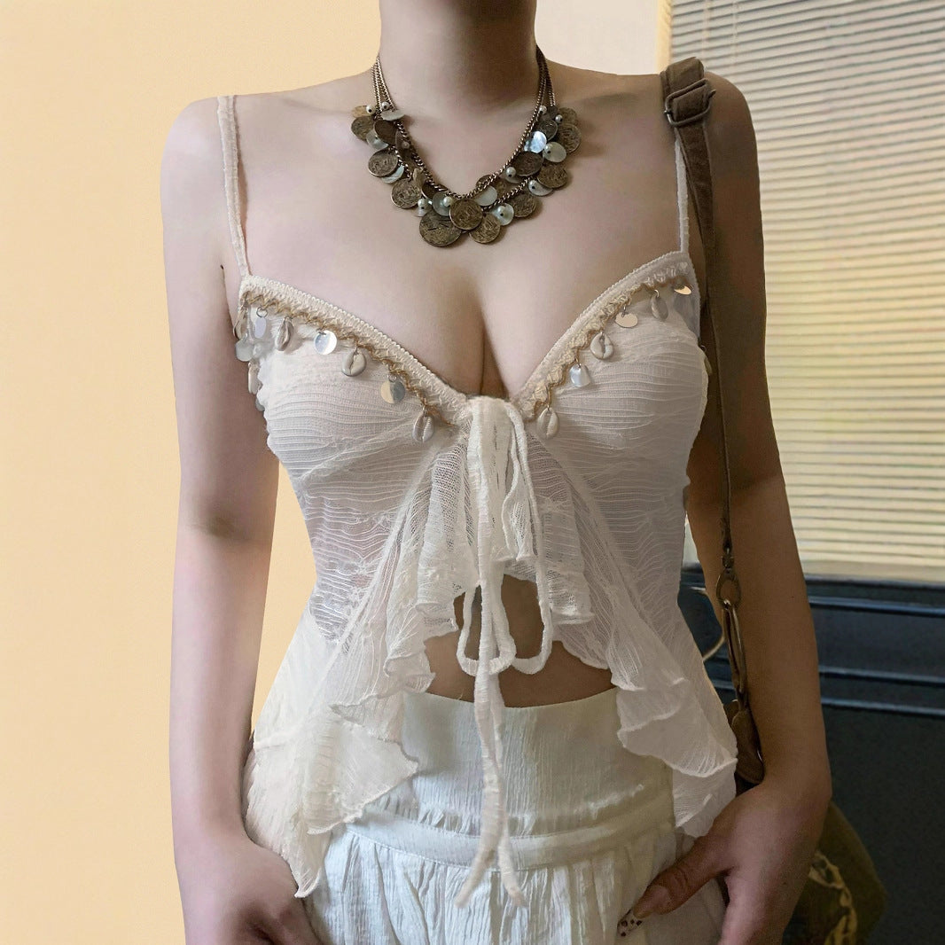 Low Collar Chest-flattering Lace-up Irregular Mesh Sexy See-through Vest